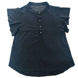Ladies Blouse  Medium Black White Spots Sheer Buttons Flared Sleeves read